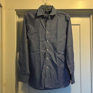 Thompson Shirtings for J. Crew Navy/White Striped Men’s Dress Shirt: Size Small